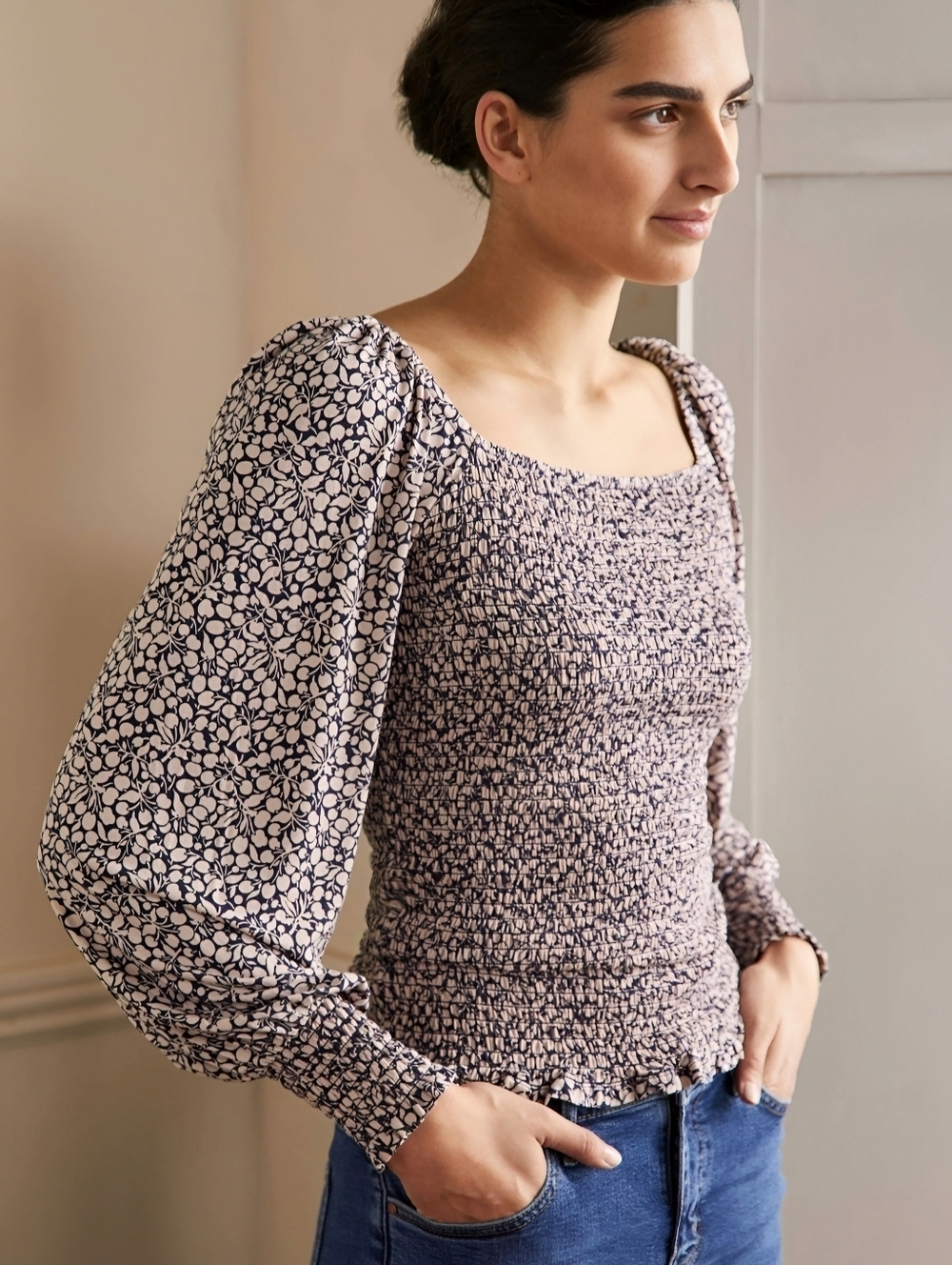 Boden Smocked Bodice Floral Light Pink Blue Top, 6